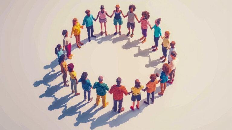 ©Sodapeaw_stock.adobe.com (KI generiert) Diverse Gruppe von Menschen die sich in einem Kreis an der Hand halten
